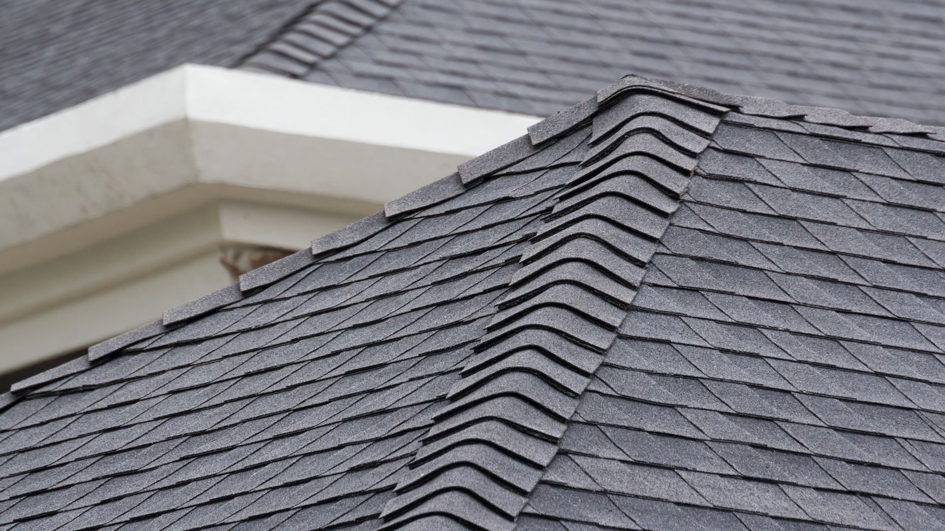 Gray asphalt shingles on a roof with clean architectural lines