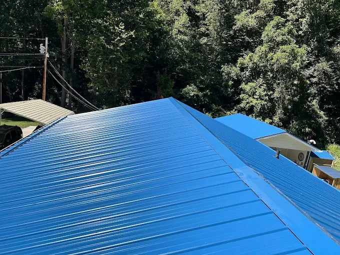 Bright blue metal roof with corrugated panels surrounded by green trees
