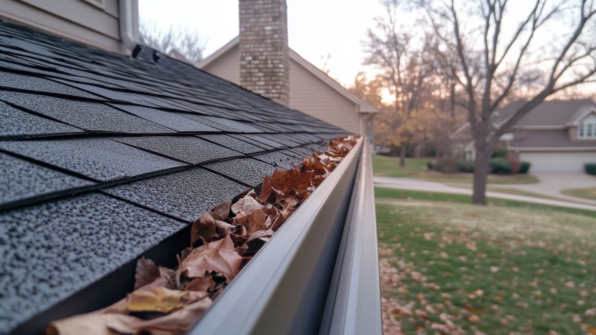 Autumn leaves piled up in a gutter with a suburban house in background